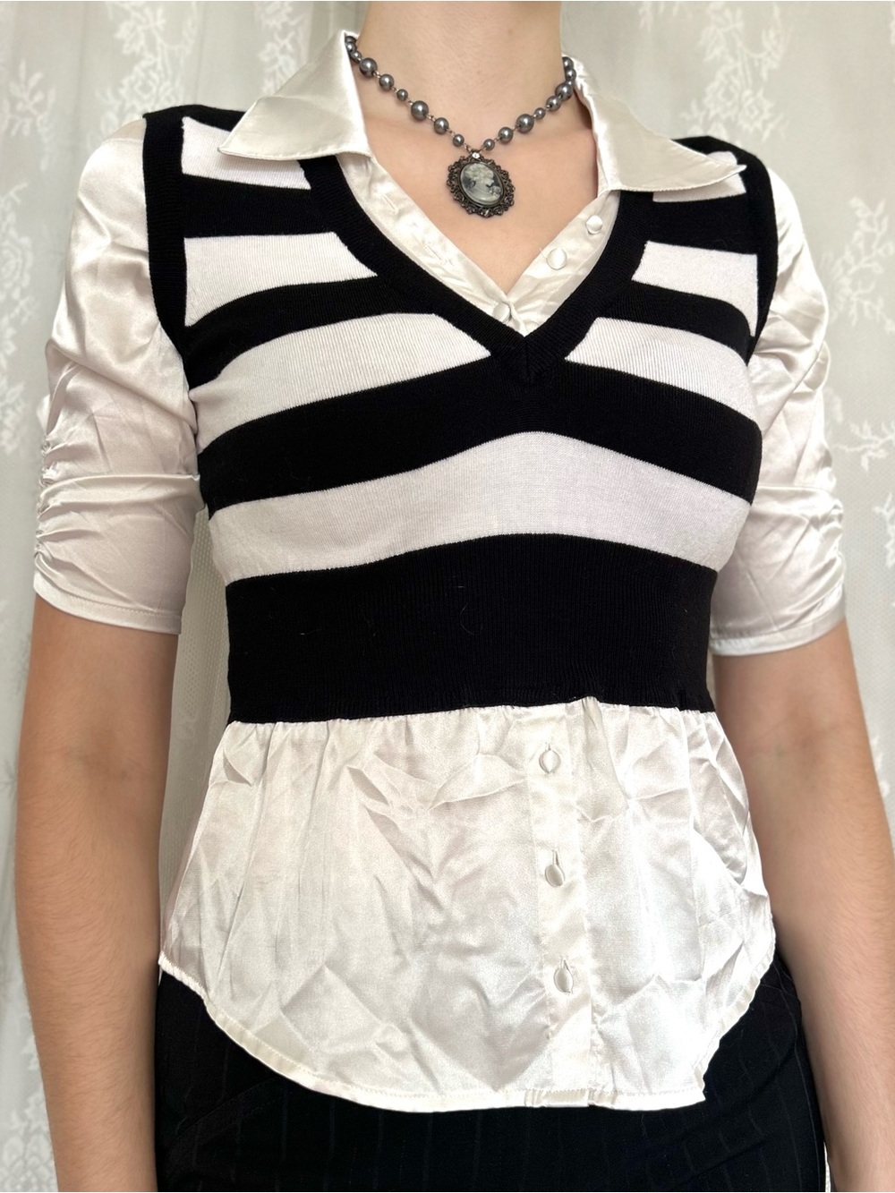 2000s Office Siren Black & White Blouse